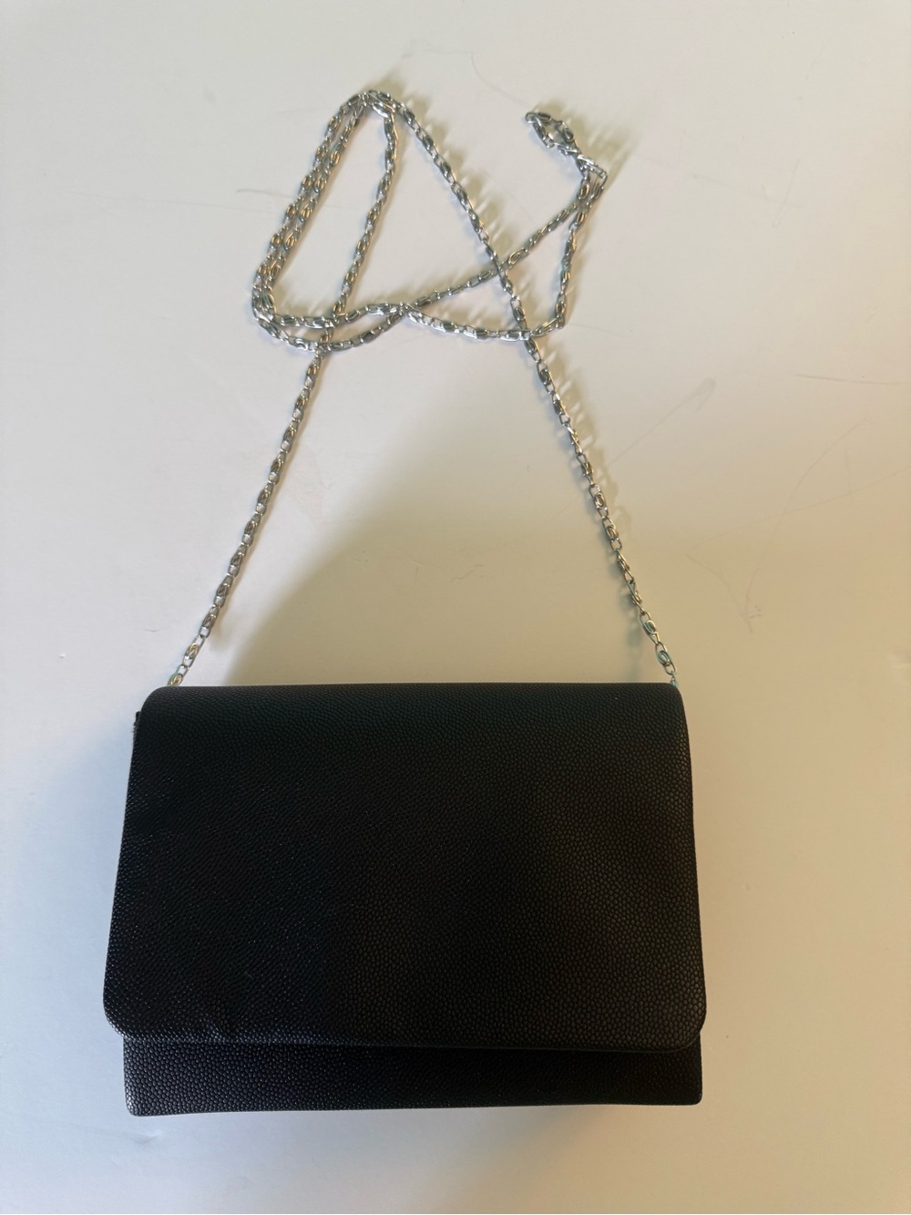 Faux Leather Black Crossbody Bag with Silver Chain